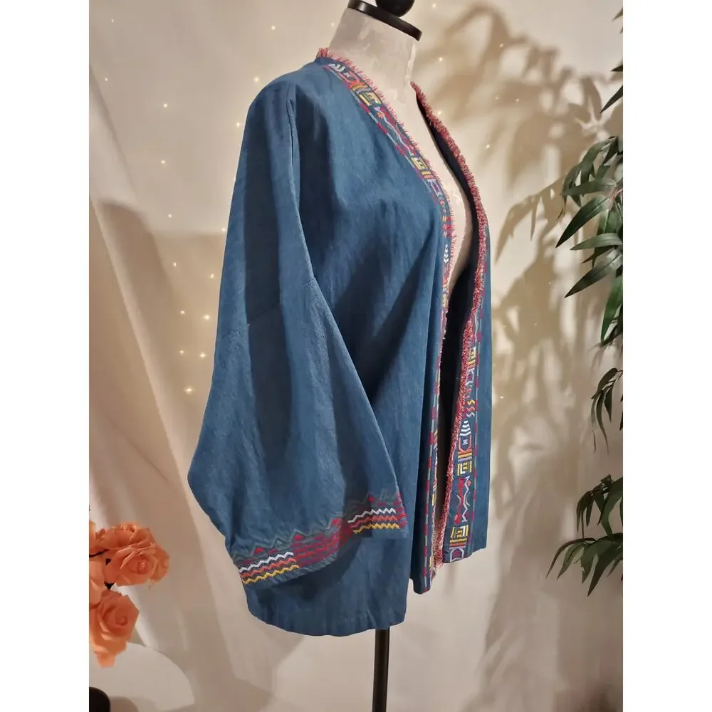 Falls Creek Chambray Denim Embroidered Southwestern Open Cardigan Size 1X Boho